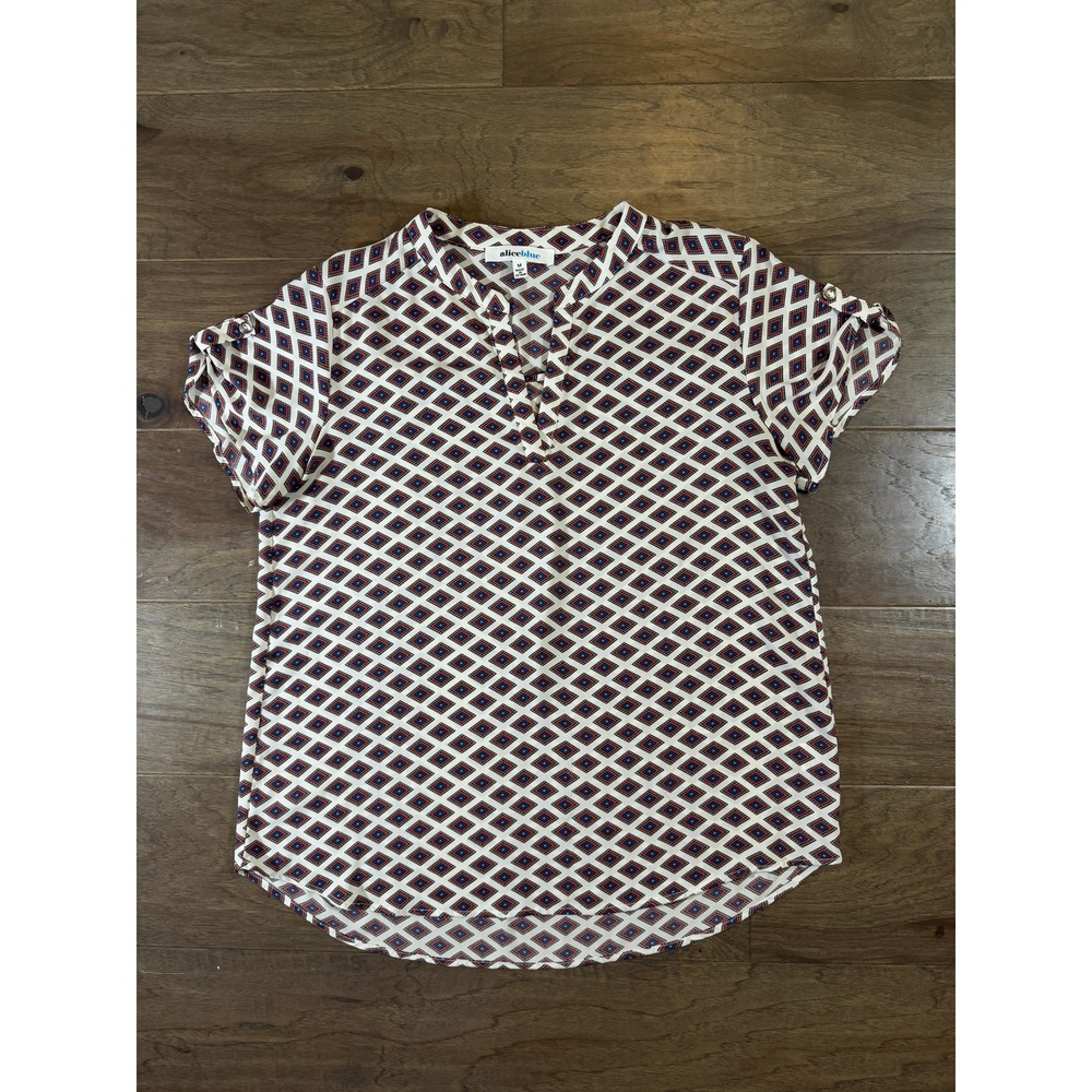 Alice Blue Womens Medium Navy Red Geometric Diamond‎ Short Sleeve Blouse